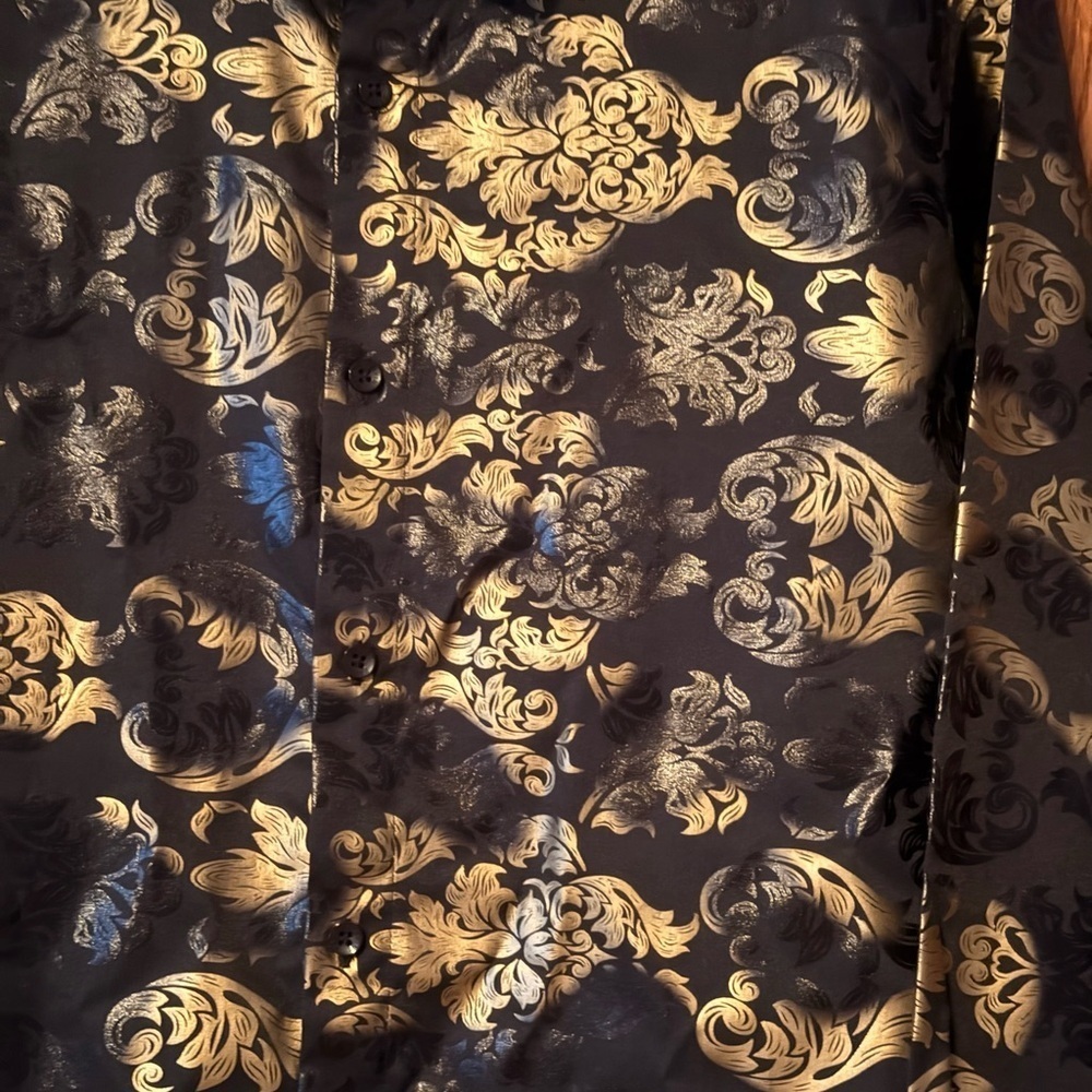 Pavini Mens Size Medium Button Up Casual Dress Shirt Black And Golden Paisley - Picture 2 of 13